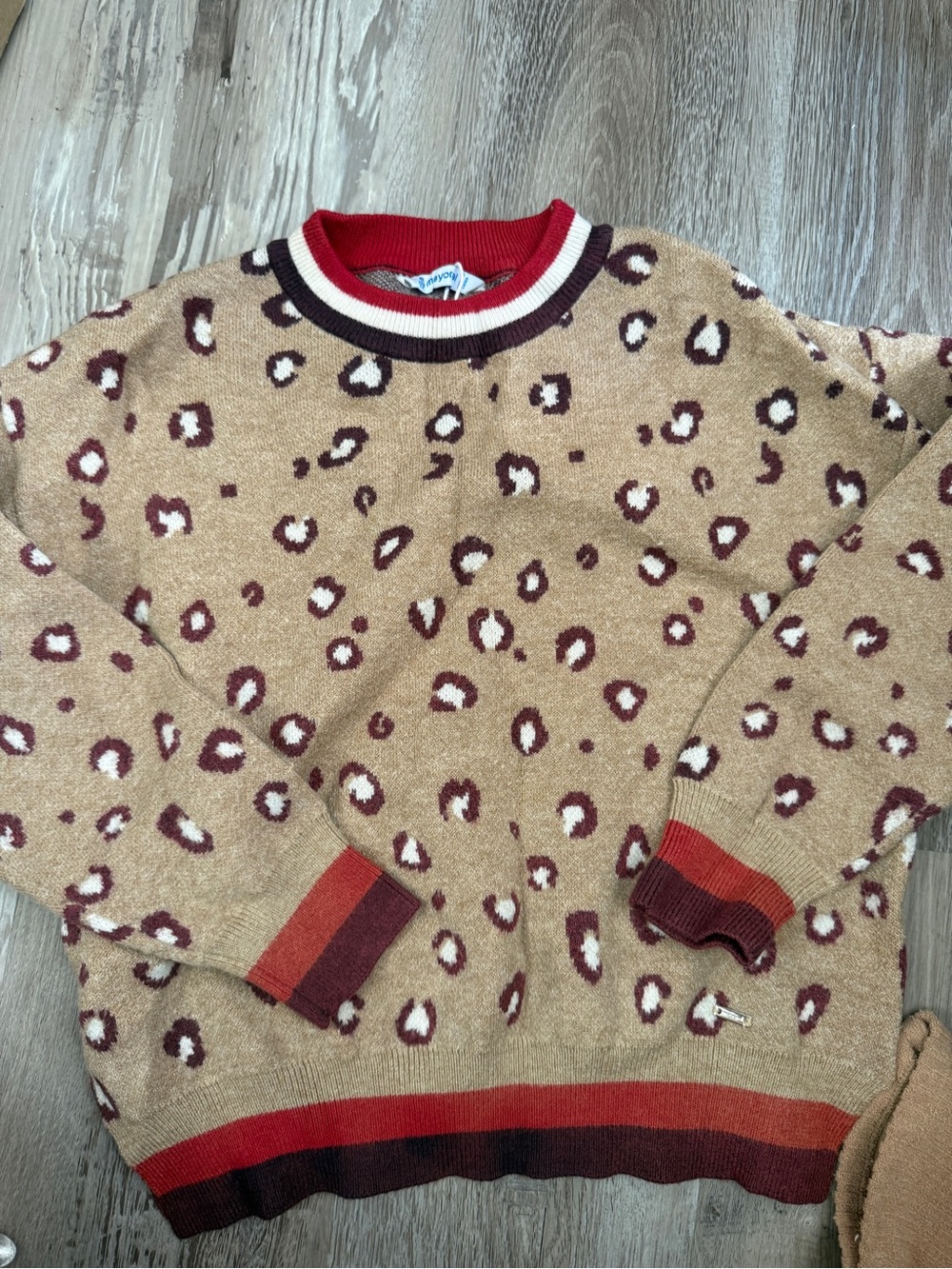 Mayoral Beige Leopard Print Sweater with Burgundy and Red Trim